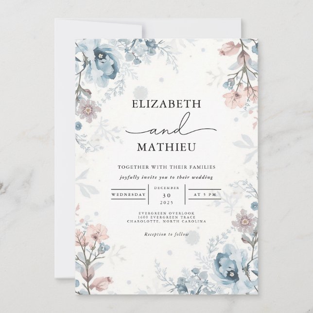 Dusty Blue Floral Border Wedding Invitation (Front)