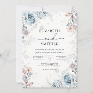 Dusty Blue Floral Border Wedding Invitation