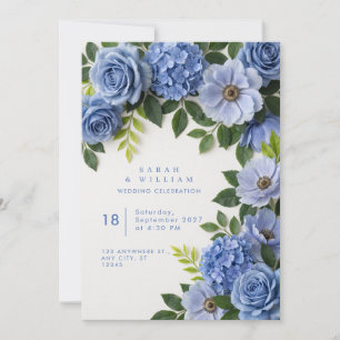 Dusty Blue Floral Border Wedding Invitation