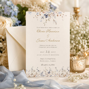 Dusty Blue Floral Border Wedding Invitation
