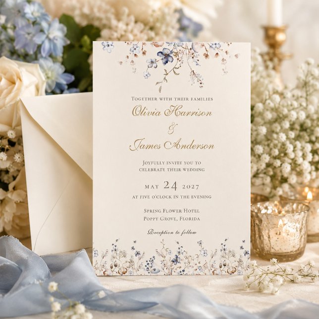 Dusty Blue Floral Border Wedding Invitation (Dusty Blue Floral Border Wedding Invitation)