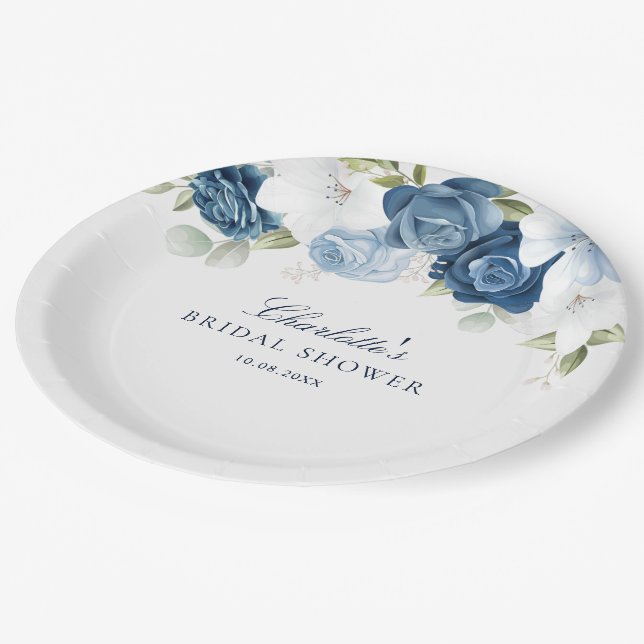 Dusty Blue Floral Botanical Bridal Shower Paper Plate (Angled)