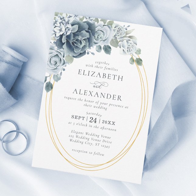 Dusty Blue Floral Botanical Elegant Wedding Invitation (Creator Uploaded)