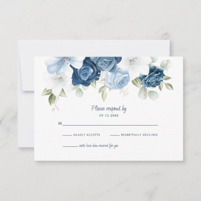 Dusty Blue Floral Botanical Foliage RSVP Card (Front)
