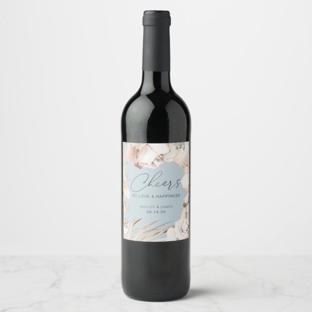 Dusty Blue floral botanical garden wedding Wine Label (Front)