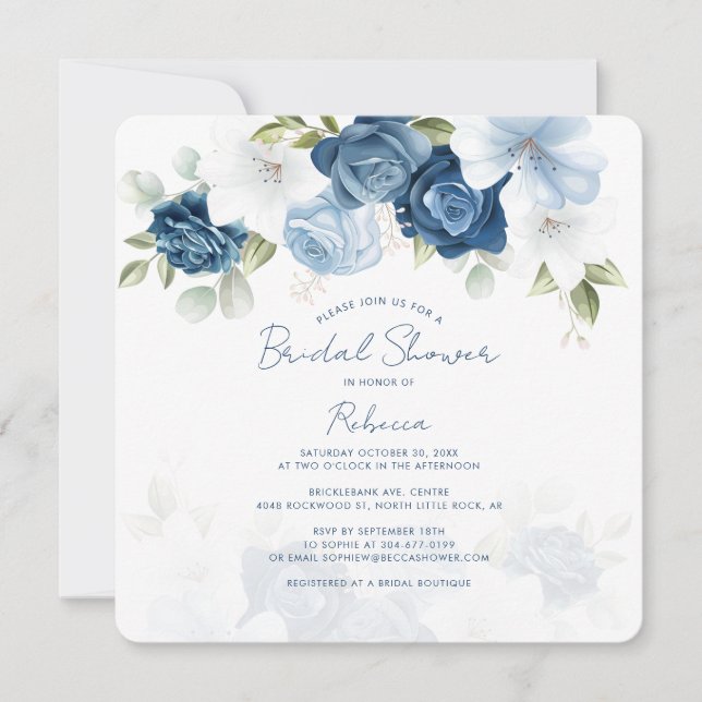 Dusty Blue Floral Botanical Greenery Bridal Shower Invitation (Front)