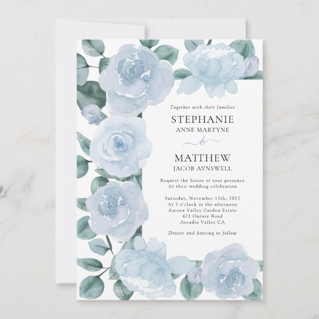 Dusty Blue Floral Botanical Roses Wedding Invitation (Front)