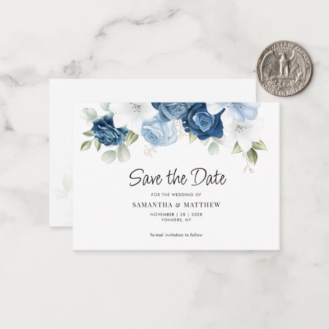 Dusty Blue Floral Botanical Save the Date Card (Front/Back In Situ)