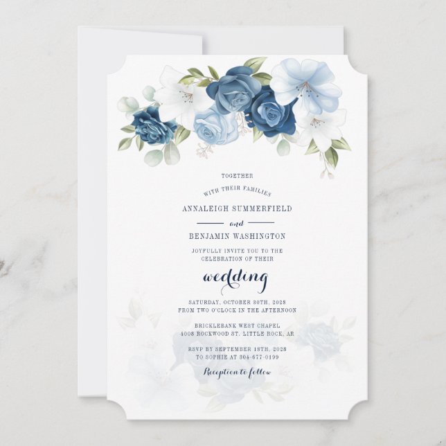 Dusty Blue Floral Botanical Script Wedding Invitation (Front)