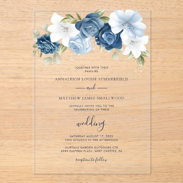 Dusty Blue Floral Botanical Wedding Acrylic Invitations (Front)