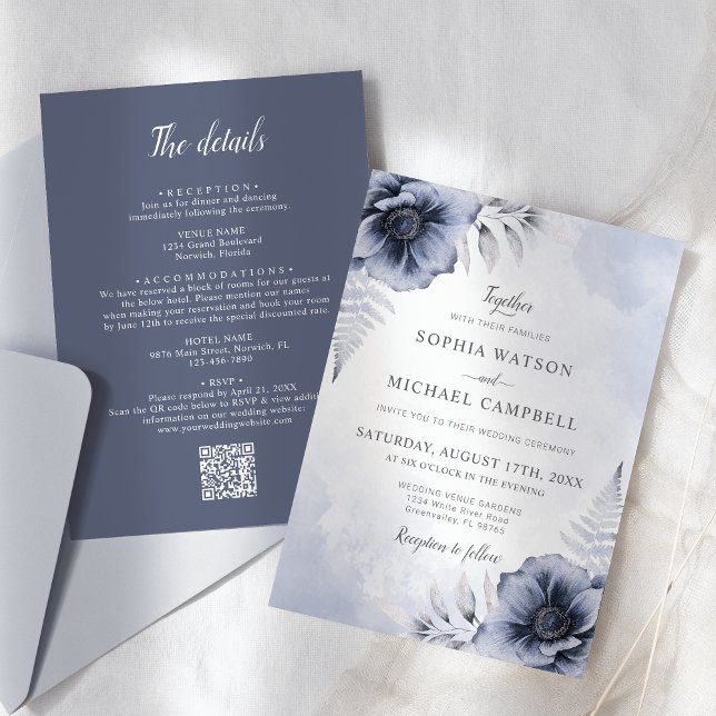 Dusty Blue Floral Botanical Wedding Invitation (Creator Uploaded)