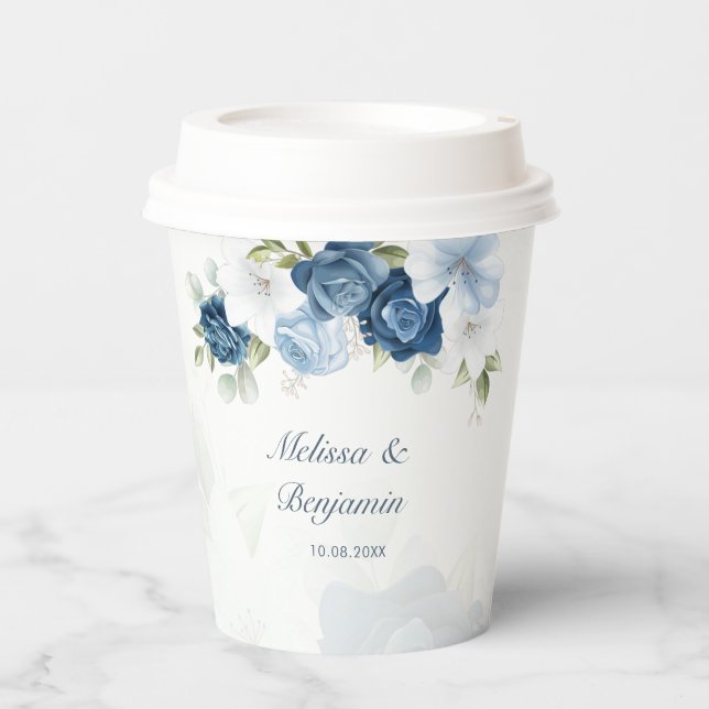Dusty Blue Floral Botanical Wedding Paper Cups (Front)