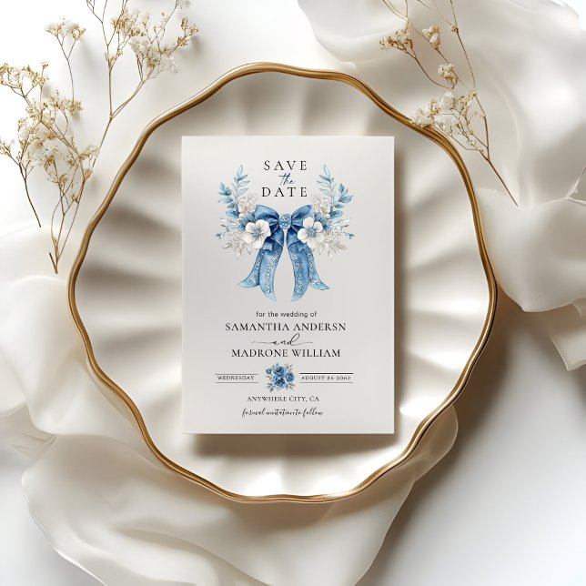 Dusty Blue Floral Bow Save the Date Wedding Card (Creator Uploaded)