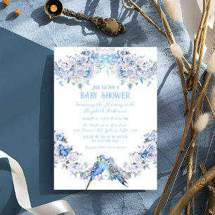 Dusty Blue Floral Bow Whimsical Baby Shower Invitation