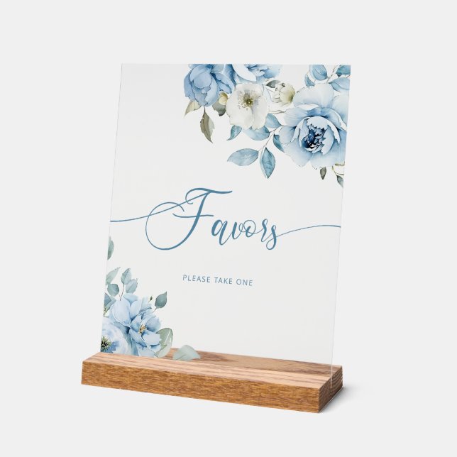 Dusty blue floral bridal Favours Acrylic Sign (Angle)