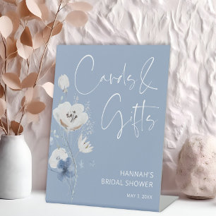 Dusty Blue Floral Bridal Shower Cards and Gifts Pedestal Sign