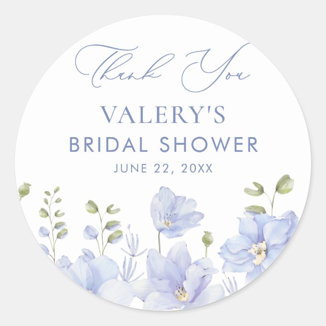 Dusty Blue Floral Bridal Shower Classic Round Sticker (Front)