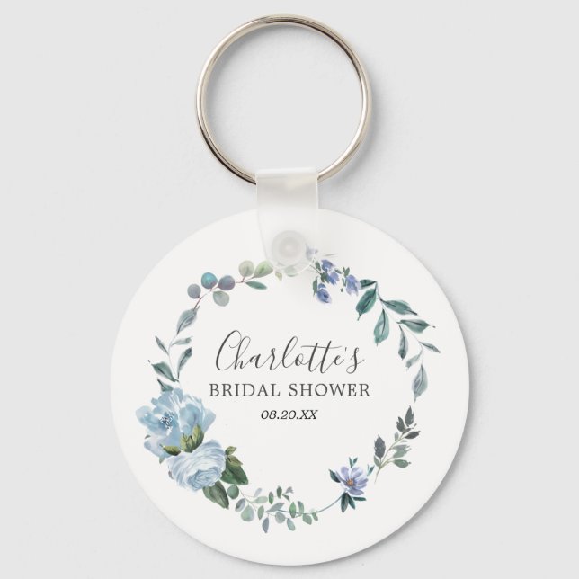 Dusty Blue Floral  Bridal Shower Favour Key Ring (Front)
