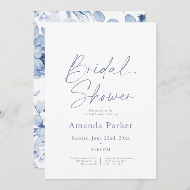 Dusty Blue Floral Bridal Shower  Invitation (Front/Back)
