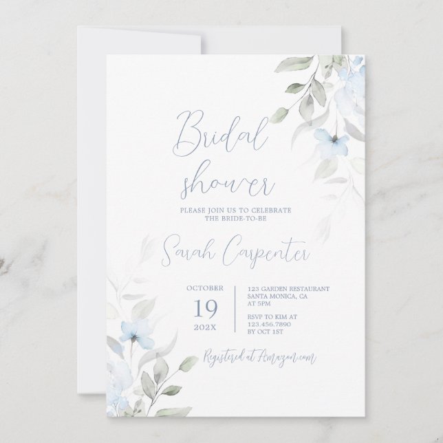 Dusty Blue Floral Bridal Shower  Invitation (Front)