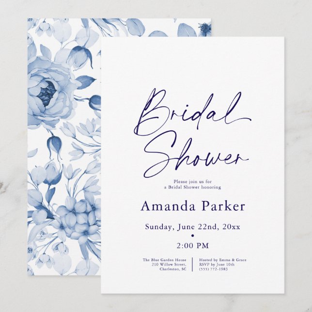 Dusty Blue Floral Bridal Shower  Invitation (Front/Back)