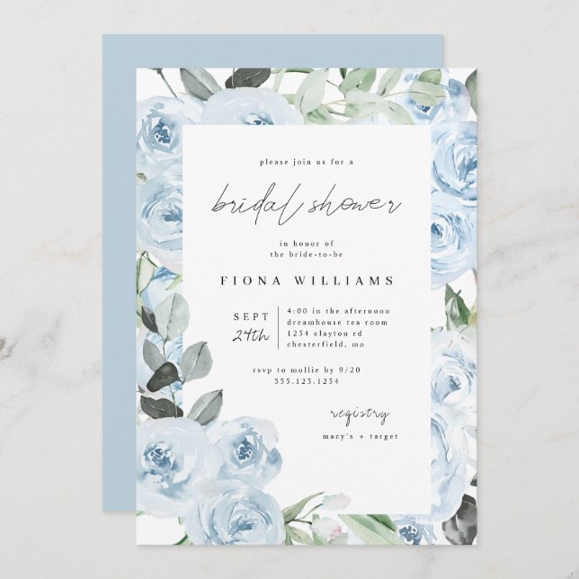 Dusty Blue Floral Bridal Shower  Invitation (Front/Back)