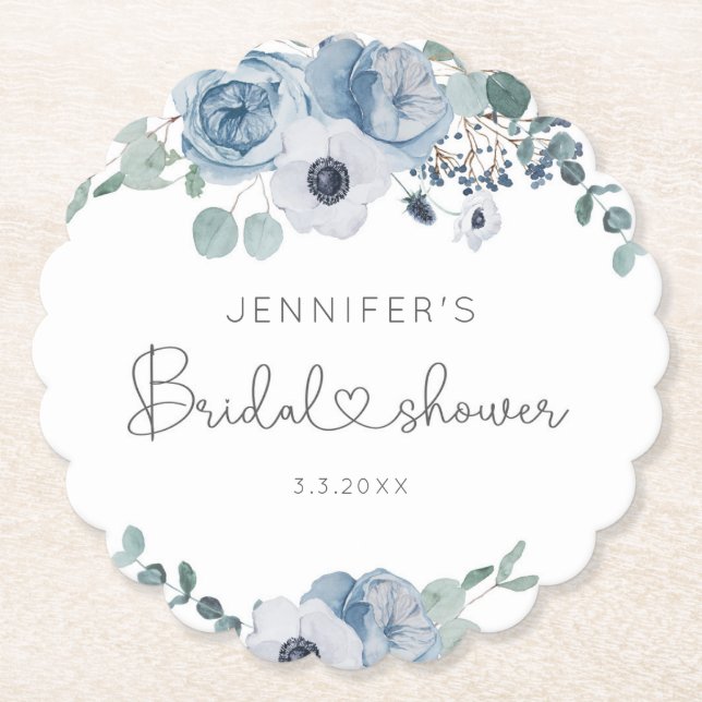 Dusty blue floral bridal shower paper coaster (Front)