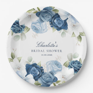 Dusty Blue Floral Bridal Shower Paper Plate