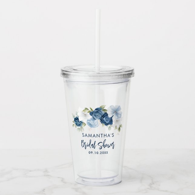 Dusty Blue Floral Bridal Shower Personalised Acrylic Tumbler (Front)