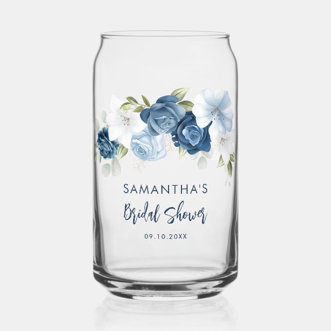 Dusty Blue Floral Bridal Shower Personalised Can Glass (Front)