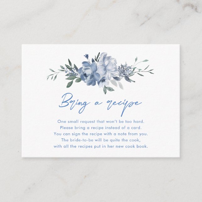 Dusty Blue Floral Bridal Shower Recipe Enclosure Card (Front)