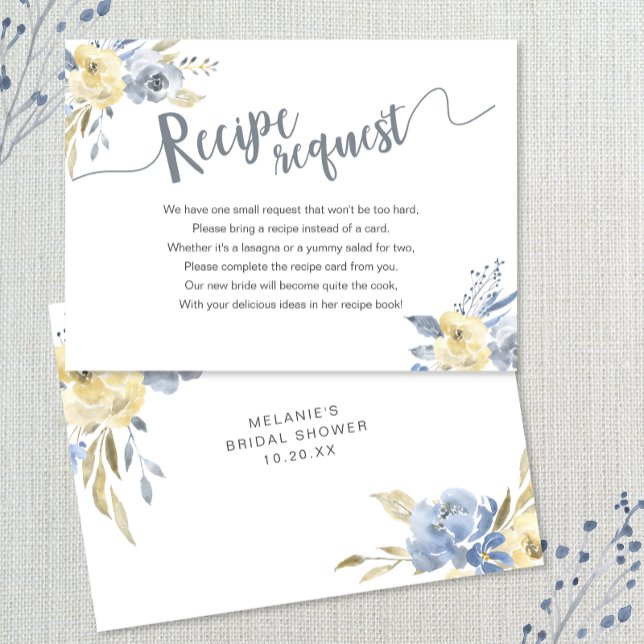 Dusty Blue Floral Bridal Shower Recipe Request Enclosure Card (Creator Uploaded)