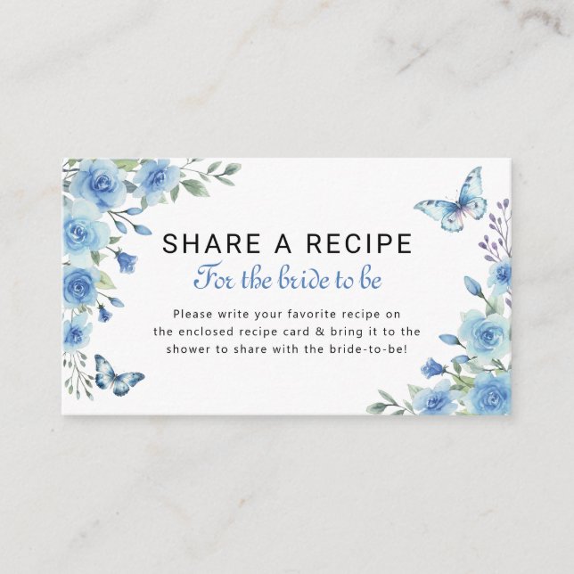 Dusty Blue Floral Bridal Shower Recipe Request Enclosure Card (Front)