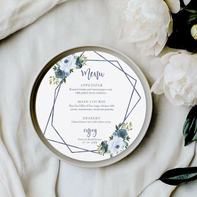 Dusty Blue Floral Bridal Shower Round Menu Invitation (Creator Uploaded)