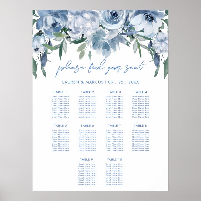Dusty Blue Floral Bridal Shower Seating Chart Sign (Front)