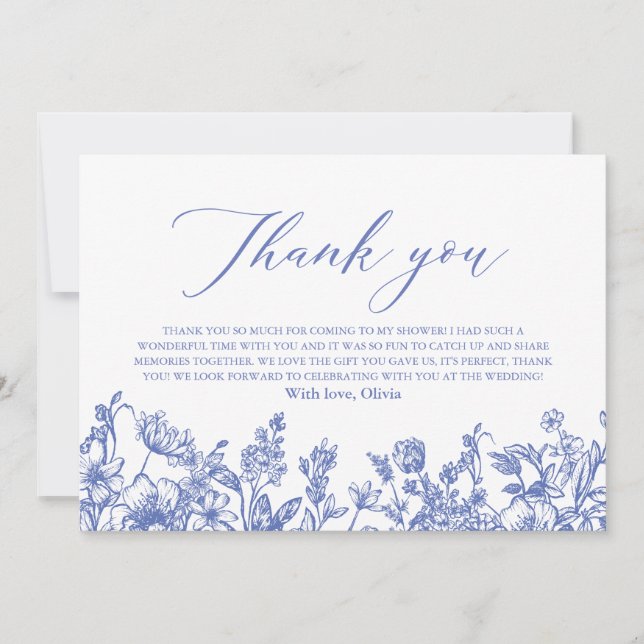 Dusty Blue Floral Bridal Shower Thank you Card (Front)