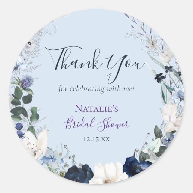 Dusty Blue Floral Bridal Shower Thank You  Classic Round Sticker (Front)