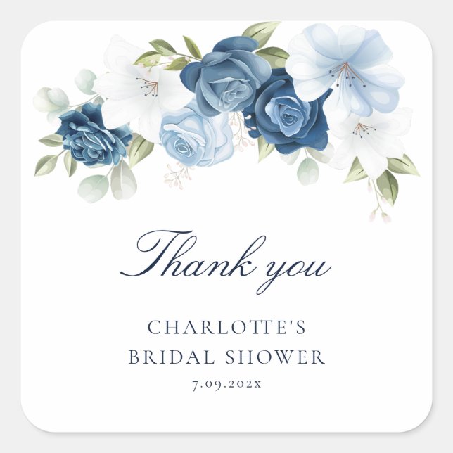 Dusty Blue Floral Bridal Shower Thank You Square Sticker (Front)