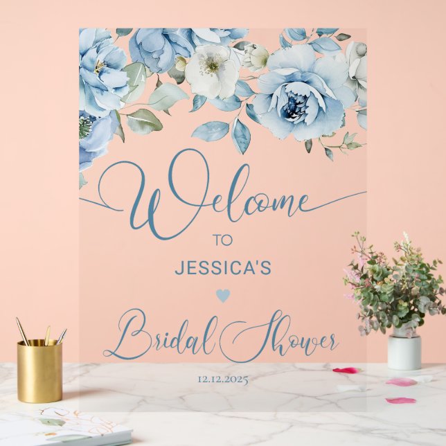 Dusty blue floral bridal shower Welcome Acrylic Sign (Wedding)