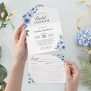 Dusty Blue Floral Bridal Shower With Recipe All In One Invitation