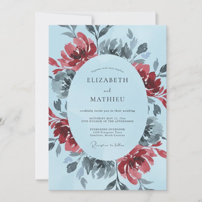 Dusty Blue Floral Brushstroke Wedding Invitation (Front)