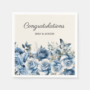 Dusty Blue Floral Butterflies Engagement Napkin