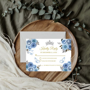 Dusty Blue Floral Butterfly Gold Quinceanera RSVP Enclosure Card