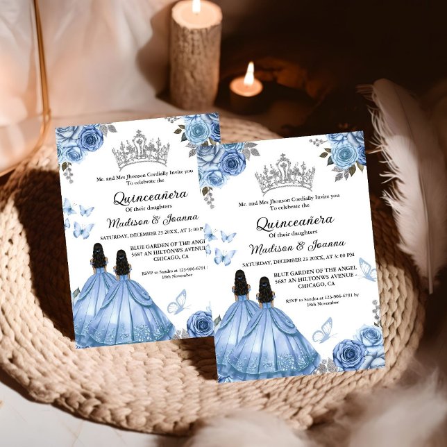 Dusty Blue Floral Butterfly Twin Girl Quinceanera  Invitation (Creator Uploaded)