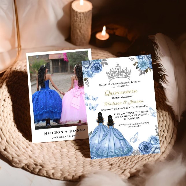Dusty Blue Floral Butterfly Twin Girl Quinceanera  Invitation (Creator Uploaded)