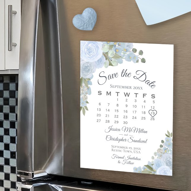 Dusty Blue Floral Calendar Save the Date Magnet (Creator Uploaded)