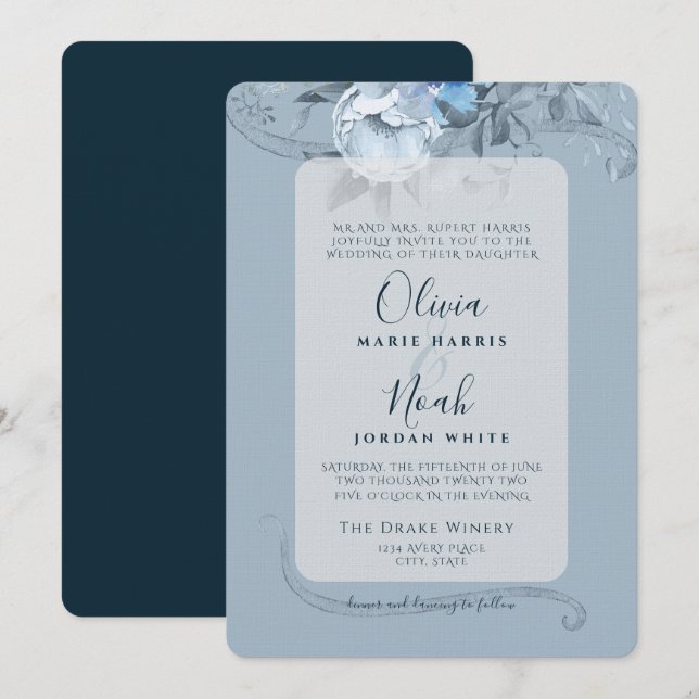 Dusty Blue Floral Calligraphy Watercolor Invitatio Invitation (Front/Back)
