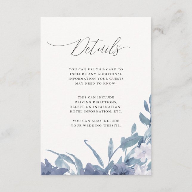 Dusty Blue Floral Calligraphy Wedding Details Enclosure Card (Front)