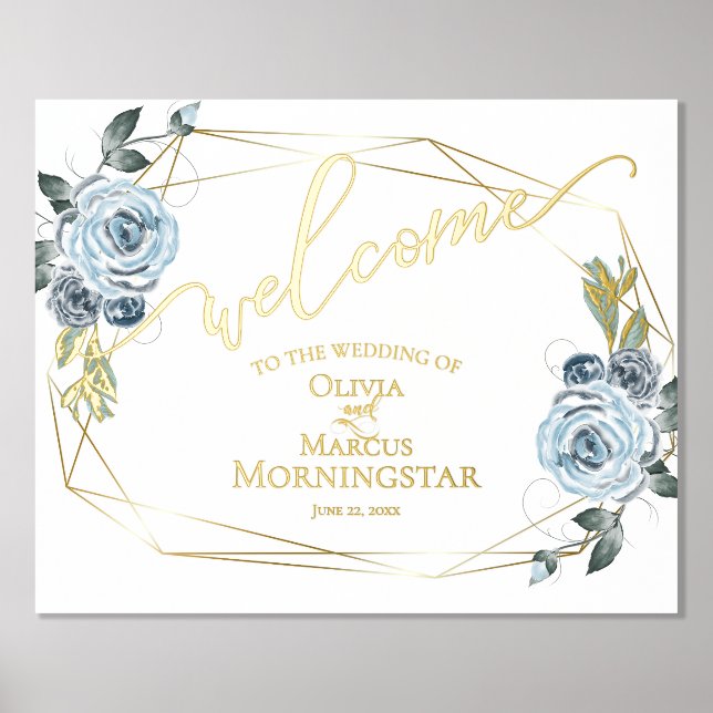 Dusty Blue Floral Calligraphy Welcome Foil Prints (Front)