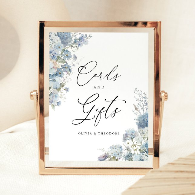 Dusty Blue Floral Cards and Gifts Wedding Table Pedestal Sign (Dusty blue floral cards & gifts wedding sign, elegant watercolor hydrangea day of wedding table sign)